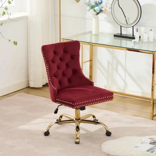 Vista 19 de Bonita silla de tocador beige con ruedas, silla de escritorio de oficina cómoda sin brazos de terciopelo para el hogar, silla giratoria