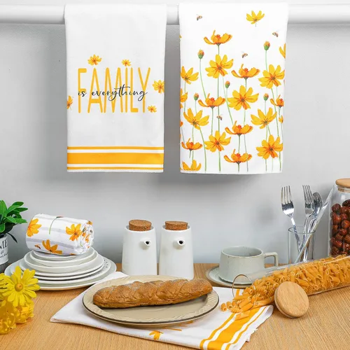 Vista 3 de 4 toallas de cocina de verano con flores amarillas para decoración de casa de campo, toalla de cocina absorbente de primavera, toallas de mano