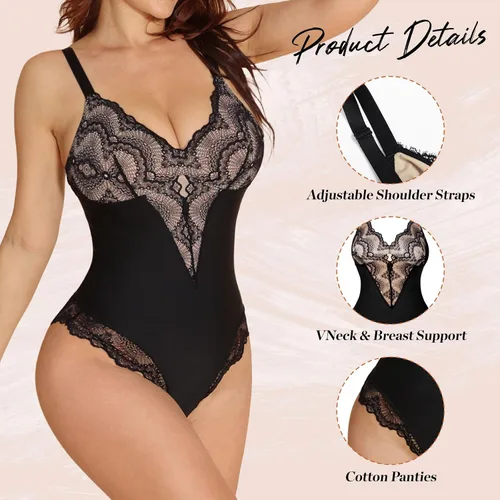 Vista 4 de SHAPSHE Body de encaje para mujer, con control de abdomen y cuello en V para mujer