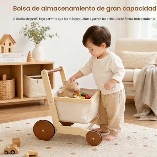Vista 6 de Woodtoe Andador de madera para bebés, cochecito de muñeca para niños y Caminante de aprendizaje para bebés, ruedas traseras grandes y estables