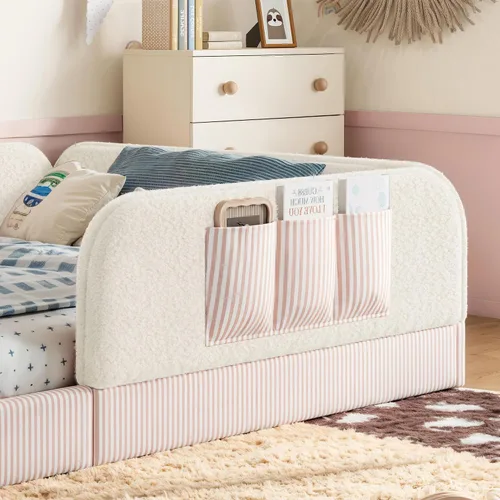 Vista 4 de Queen Teddy Floor Bed with Safety Rails Storage Pocket，Beige- Q：Queen
