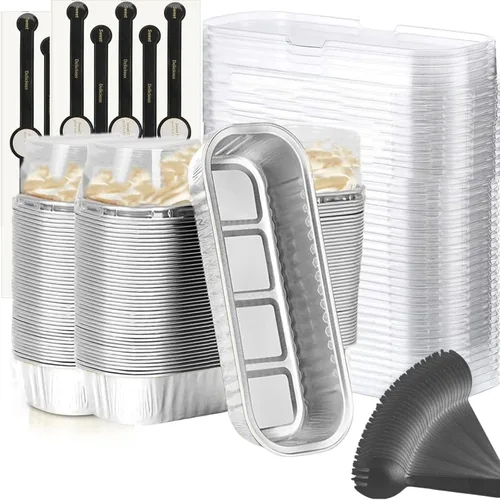 Vista 24 de Findful Mini Moldes para Hornear Pan con Tapas y Cucharas (Paquete de 50, 6.8oz) Moldes Rectangulares de Papel de Aluminio para Hornear Recipientes