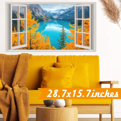 Vista 3 de Calcomanías de pared 3D de naturaleza falsa para ventanas, bosque de otoño, árbol, murales de pared, calcomanías para despegar y pegar, calcomanías