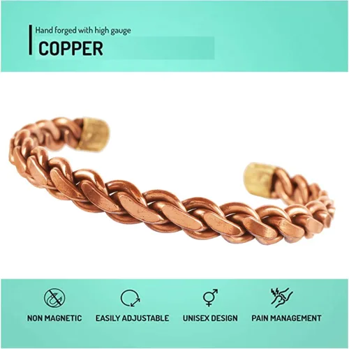 Vista 5 de Touchstone Pulsera de cobre curativo india hecha a mano con chakras de la paz yoga meditación y mantra para mujeres y hombres