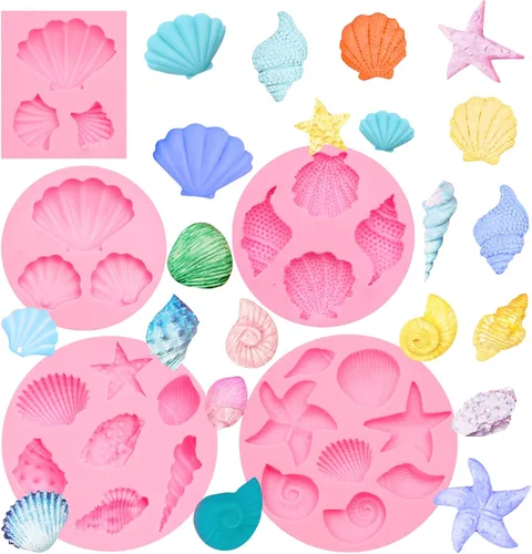 Vista 12 de Moldes para fondant de cuerno de concha, molde de conchas de chocolate con estrellas de mar marinas y tortugas para decoración de pasteles, arcilla