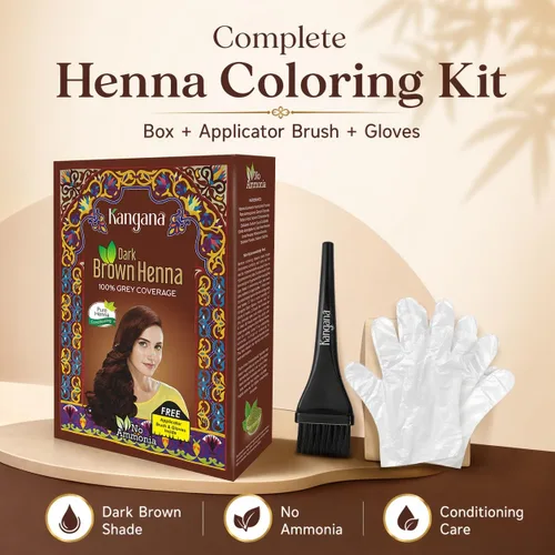 Vista 5 de Kangana - Tinte para el cabello castaño oscuro con henna y hierbas, sin amoníaco, 6 bolsas Marrón oscuro de larga duración de henna e ingredientes