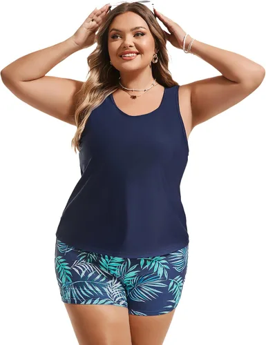 Vista 8 de Hanna Nikole Traje de baño tankini de 3 piezas para mujer, traje de baño con control de abdomen y pantalones cortos para niño, camiseta sin mangas