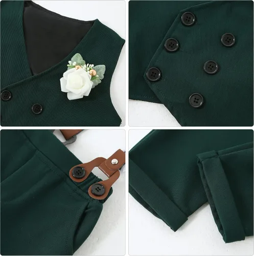 Vista 3 de YALLET Ropa de Traje para Bebé Niño Caballero Conjuntos de Boda, Camisa de Vestir Formal + Pajarita + Chaleco + Boutonniere + Pantalones con Tirantes