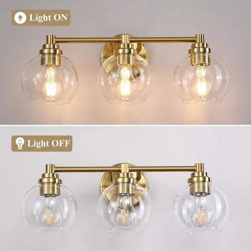 Vista 8 de Lámparas de baño de 3 luces, moderna lámpara de tocador con pantalla de cristal de globo, luces de baño doradas cepilladas sobre el espejo, luces