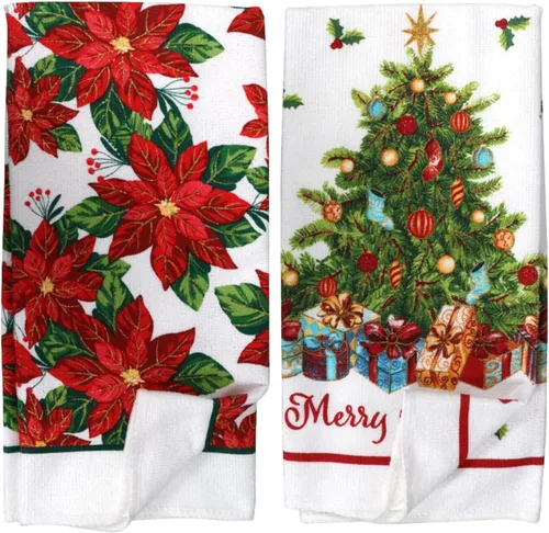 Vista 2 de Juego de 2 toallas de cocina con temática navideña de invierno, diseño de gnomo para las fiestas y ten una Feliz Navidad (camión rojo)