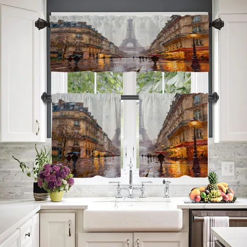 Vista 8 de Cortinas opacas de cocina con pintura al óleo de Europa rosa y negra para ventanas, cenefas opacas modernas de torre Eiffel de poliéster multicapa