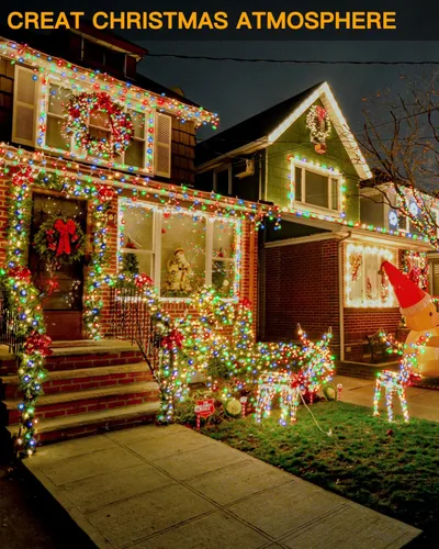 Vista 9 de Ollny Luces de Navidad para exteriores, 600 LED de 197 pies, luces multicolor para árbol de Navidad IP67, luces de hadas enchufables con control