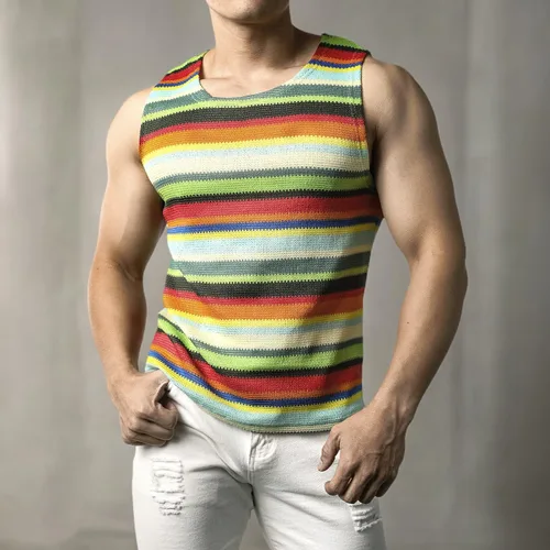 Vista 6 de JOGAL Camisas sin mangas a rayas arcoíris para hombre, camisetas sin mangas casuales multicolor