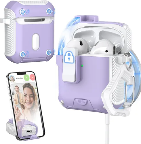 Vista 11 de Funda para Estuche de AirPods de 2ª/1ª Generación, Compatible con Magsafe, Bloqueo Automático Magnético, Puerto de Carga a Prueba de Polvo y Diseño