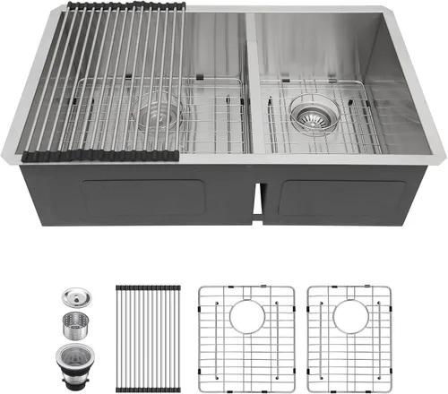 Vista 12 de Lordear Fregadero de cocina de 28 pulgadas de acero inoxidable de calibre 16 con doble plato y estación de trabajo de montaje inferior de 60/40