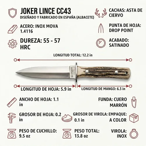 Vista 3 de Joker Lince CC43 Cuchillo de supervivencia, hoja de acero inoxidable MOVA 1.4116 de 6.1 pulgadas, mango de asta de ciervo, funda de cuero marrón