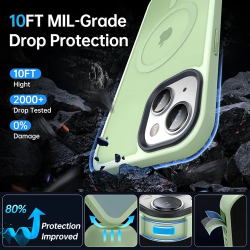 Vista 4 de Funda magnética para iPhone 13 y iPhone 14 para MagSafe [protección de grado militar de 10 pies], delgada, parte trasera translúcida mate con borde