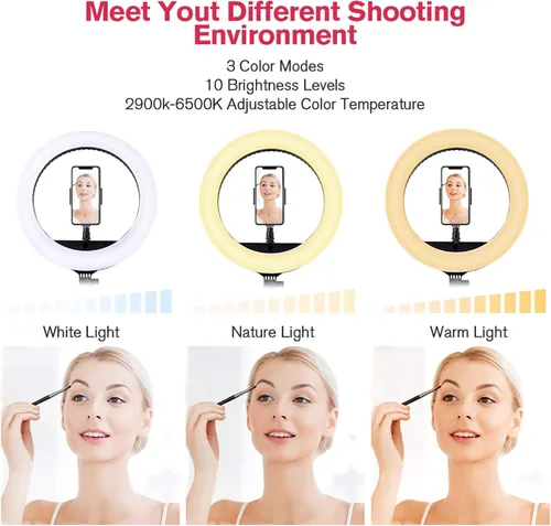 Vista 2 de Anillo de luz LED de 18 pulgadas con soporte de trípode, luz de anillo para selfie de maquillaje regulable para retrato de estudio, YouTube, Vlog