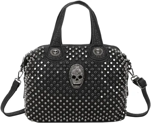 Vista 7 de Downupdown Bolso de mano para mujer, bolso de mano con remache, cráneo, bolso de piel sintética, bolso cruzado de hombro, bolso punk