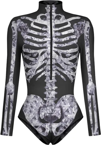 Vista 5 de Enterizo de esqueleto para mujer, con cremallera, traje sexy de una pieza para Halloween