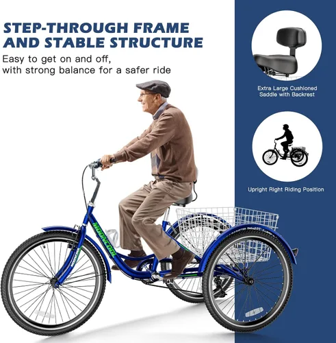 Vista 4 de Barbella Triciclos para adultos, 7 velocidades para adultos, bicicletas de 3 ruedas de 20/24/26 pulgadas, bicicleta de crucero con cesta