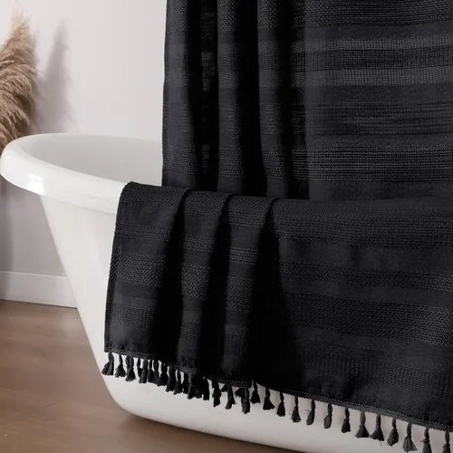 Vista 20 de OVZME Cortina de ducha bohemia negra, cortina de ducha estrecha de tela suave a rayas de lino texturizado con borla, moderna decoración de baño