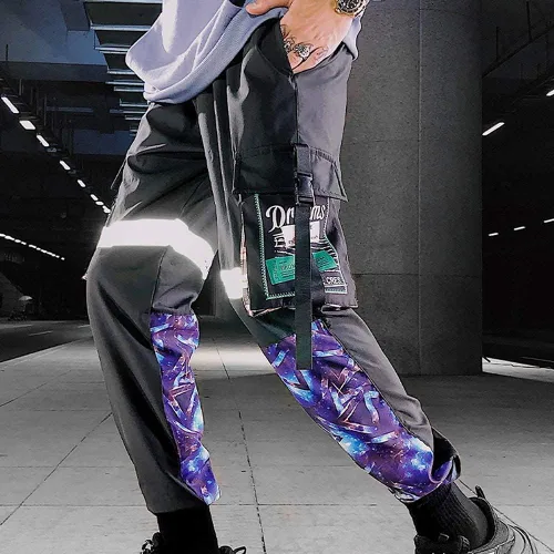 Vista 4 de XYXIONGMAO Pantalones deportivos reflectantes negros para hombre, pantalones deportivos Techwear, hip hop, ropa de calle, pantalones cargo