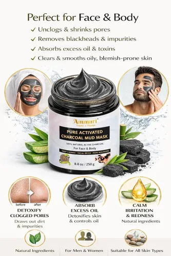 Vista 4 de Máscara de barro facial y corporal de carbón activado puro para hombres y mujeres, 8.82 oz - Tina extragrande para poros obstruidos, impurezas