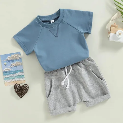 Vista 36 de Conjunto de traje de verano para bebé niño pequeño, manga corta, cuello redondo, letras impresas, lindo traje de verano, conjunto de 2 piezas