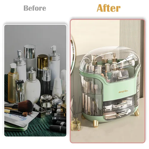 Vista 4 de Organizador de maquillaje y organizador de cuidado de la piel, caja organizadora de cosméticos para encimera con tapa y cajones, organizador