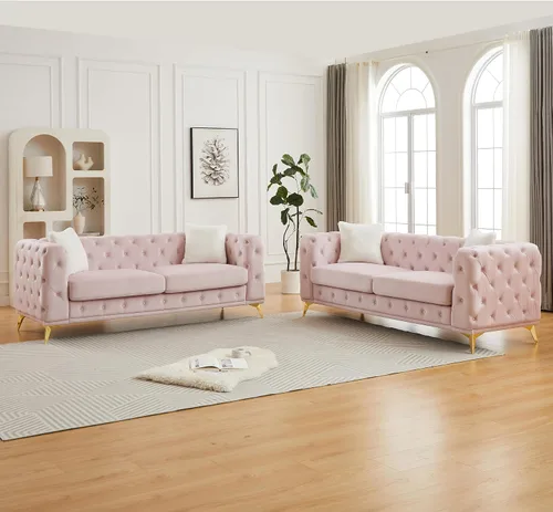 Vista 19 de KEIKI Sofá Chesterfield de terciopelo de lujo extragrande de 61 pulgadas con 2 almohadas, estilo mediados de siglo, sofá de 2 plazas con botones