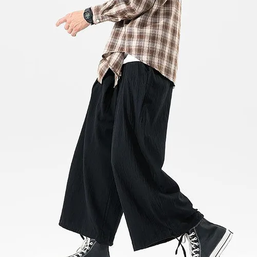 Vista 2 de Pantalones harén de algodón y lino para hombre, estilo casual, holgados, color sólido, hippie, yoga, pierna ancha, con cordón, pantalones de playa