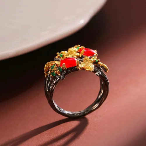 Vista 2 de Gothic Ruby Black Rings Women - Colorful Rhinestone Golden Leaf Copper Rings