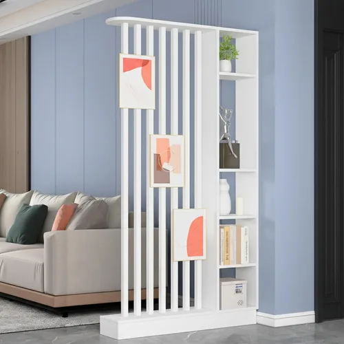Vista 12 de Divisor de habitación de pared, estante divisor de madera independiente con estantes, pantalla separadora de pantalla divisora con almacenamiento