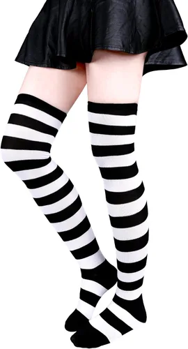 Vista 6 de Aneco 4 pares de calcetines de rayas altas por encima de la rodilla, calcetines altos hasta el muslo, accesorios de cosplay para mujeres y niñas