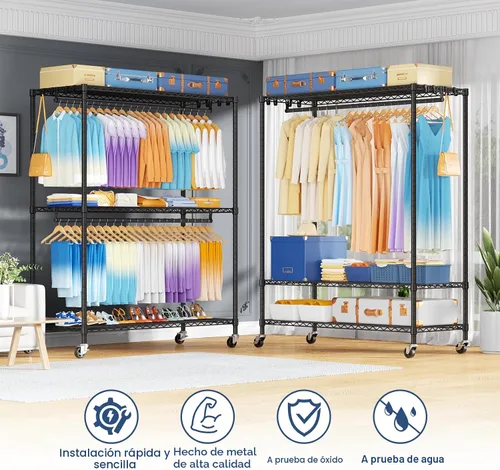 Vista 3 de P8 Perchero de Ropa Resistente (Con Diseño de Ancho Extendido) Percheros Rodantes para Colgar Ropa, Perchero Portátil con Ruedas Bloqueables, 51.2