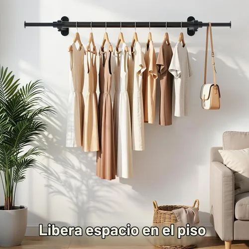 Vista 2 de Luxspire Perchero de ropa para montar en la pared, perchero de tubería industrial, barra de ropa de hierro extensible resistente de 28 pulgadas