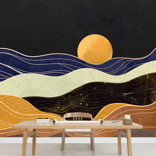 Vista 3 de SIGNFORD Adhesivo mural removible para pared, mármol de granito, ondas doradas, cordillera, sol, naturaleza, desierto, ilustraciones, arte rústico
