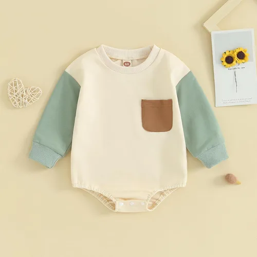 Vista 2 de Mameluco de manga larga con bloques de color para bebé, niño, niña, con bolsillo, cuello redondo, sudadera básica para otoño e invierno