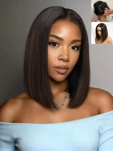 Vista 29 de Nadula Yaki - Peluca de cabello humano lacio estilo Bob con cordón y capas de enmarcar la cara, densidad del 180%, sin pegamento, 7x5 Bye Bye Knots