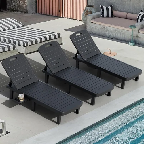 Vista 13 de CDCASA Chaise Lounge al aire libre, sillas de piscina multifuncionales con 5 posiciones ajustables y bandeja lateral, salas de resina impermeables