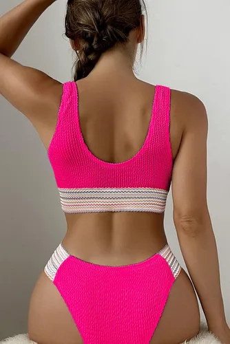 Vista 2 de Herseas Traje de baño de 2 piezas para mujer, con bloque de color, cuello en V, acanalado, panel cheurón
