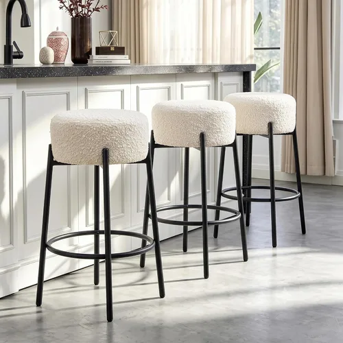 Vista 12 de Juego de 2 taburetes de bar modernos de altura de mostrador, taburetes de bar giratorios negros Boucle para isla de cocina, cómodas sillas tapizadas