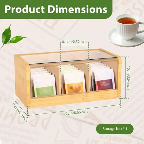 Vista 3 de Caja de té de bambú y acrílico con 3 compartimentos de 8.66 x 4.33 x 3.94 pulgadas, soporte decorativo para bolsitas de té con tapa transparente