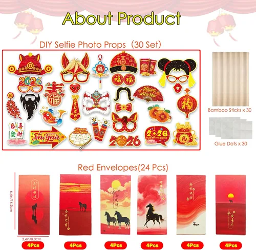 Vista 3 de Juego de 81 sobres rojos de Año Nuevo chino, paquetes rojos de caballo Hong Bao para fiestas, remolinos para selfies, accesorios para cabina