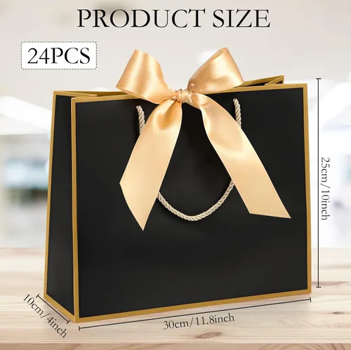 Vista 2 de Silkfly 12 bolsas de regalo con asas para dama de honor, 12 x 10 x 4 pulgadas, elegantes bolsas de regalo de bienvenida de boda con lazo para Negro