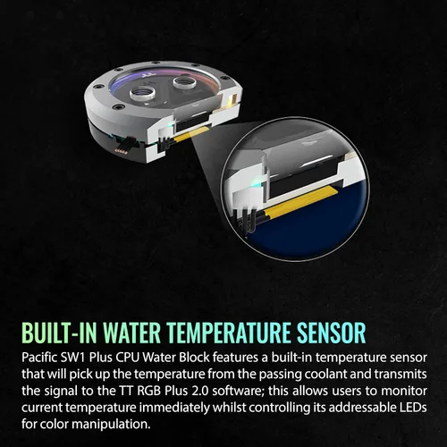 Vista 4 de Thermaltake Pacific SW1 Plus Bloque de agua para CPU, sensor de temperatura, compatible con LGA 1700 / AM5, 12 LED direccionables, control