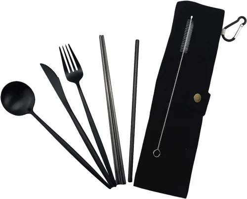 Vista 3 de Juego de cubiertos de viaje de acero inoxidable 18/10 con 7 cubertería portátil para camping, saludables y respetuosos con el medio ambiente