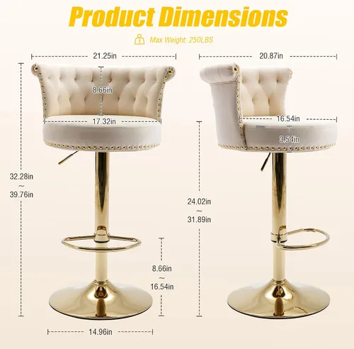 Vista 2 de Juego de 2 taburetes de bar giratorios de terciopelo de 360°, butacas ajustables para barra de cocina con respaldo de clavos, base dorada