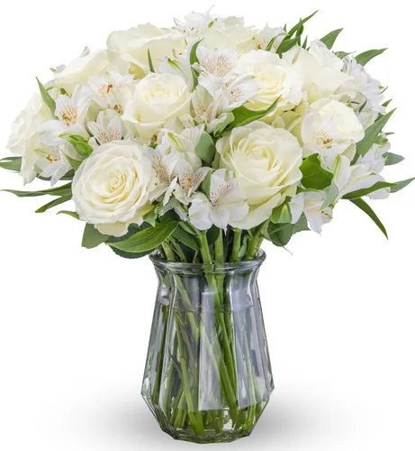 Vista 9 de Benchmark Bouquets - Rosas clásicas y alstroemeria (jarrón de cristal incluido) - Flores frescas para entrega al día siguiente - Regalo
